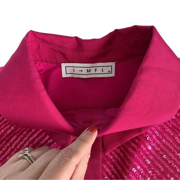 In The Mood For Love Lina Hot Pink Barbie Sequin Ruched Button Up Mini Dress M - Picture 4 of 16